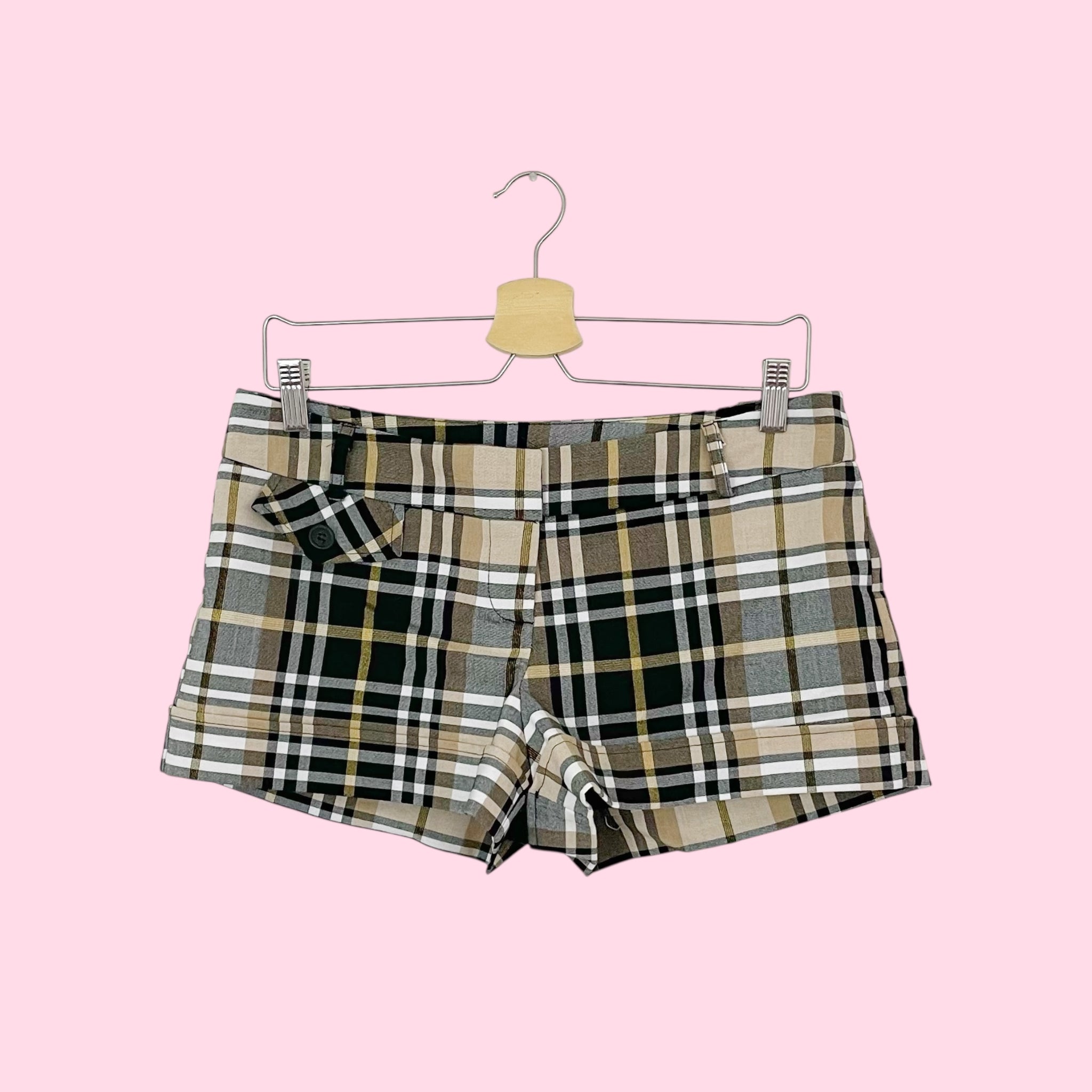 TAN METALLIC PLAID LOW RISE SHORTS (M)