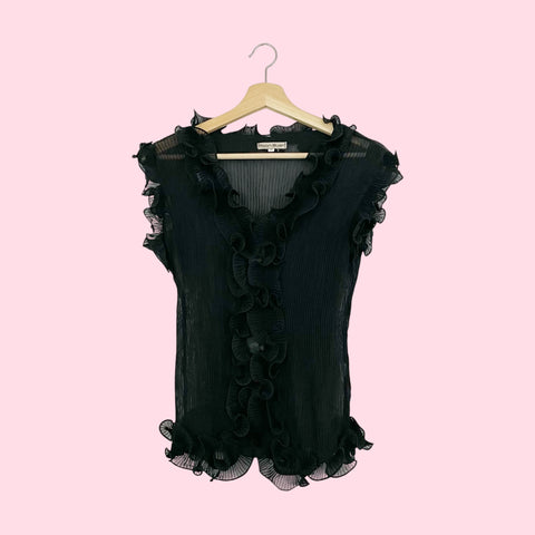 BLACK PLEATED RUFFLE BLOUSE (M)