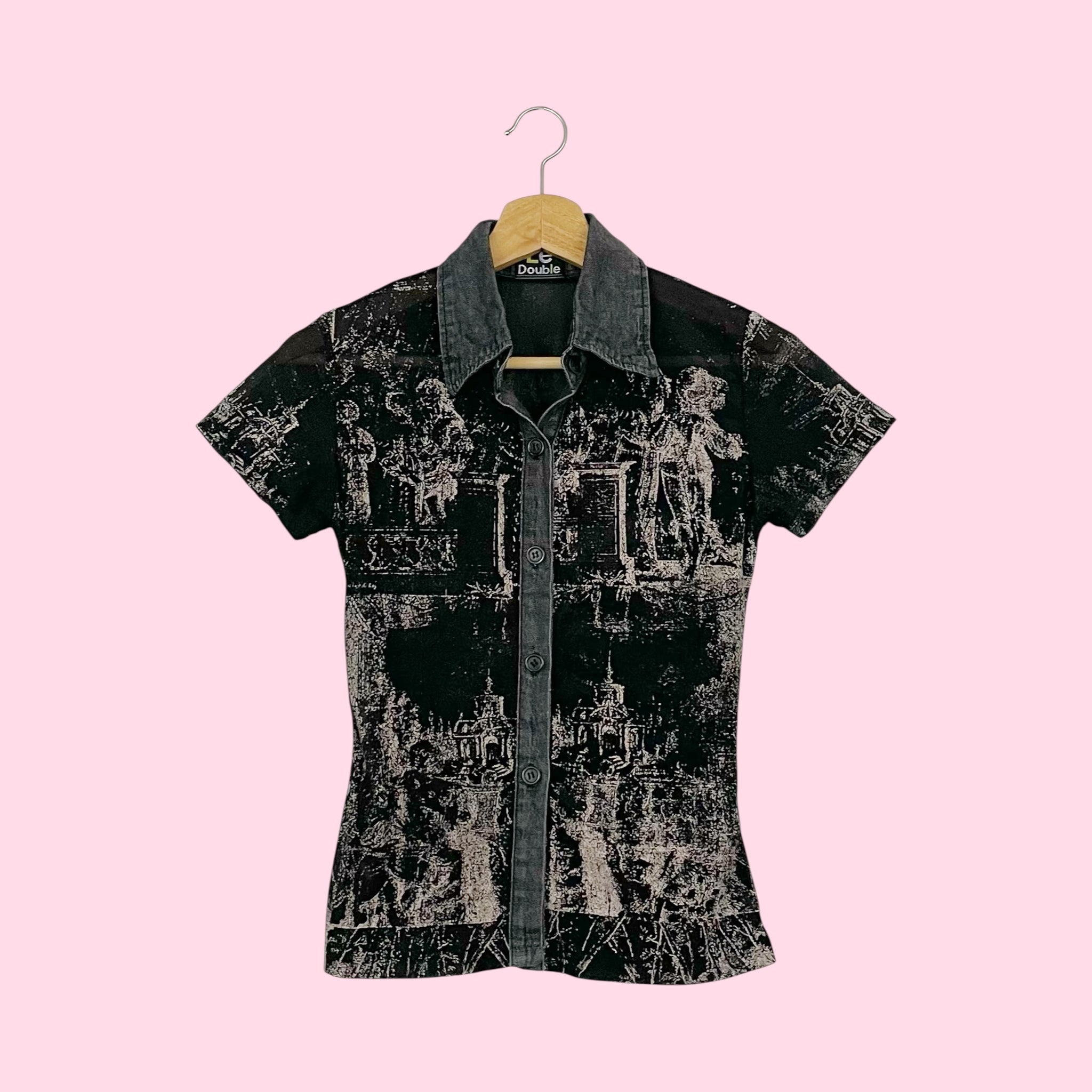 PRINTED MESH BLOUSE W/ DENIM TRIM (XS)