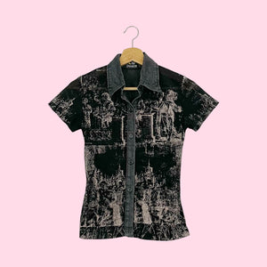 PRINTED MESH BLOUSE W/ DENIM TRIM (XS)