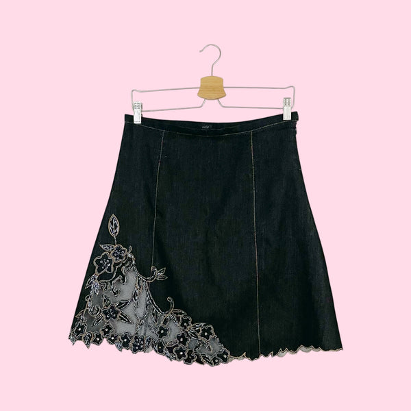 DARK 'DENIM' BEADED FLORAL CUT OUT MIDI SKIRT (S/M)