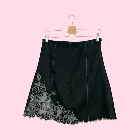 DARK 'DENIM' BEADED FLORAL CUT OUT MIDI SKIRT (S/M)