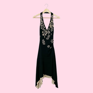 BLACK + TAN FLORAL HALTER MIDI DRESS (M)