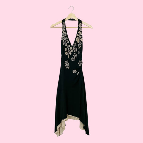 BLACK + TAN FLORAL HALTER MIDI DRESS (M)