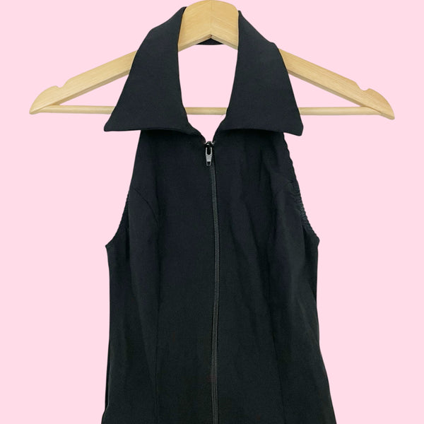 BLACK STRETCH HALTER MINI DRESS (S)