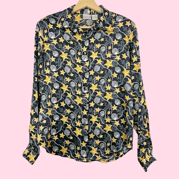 90s Black + Gold Star Print Silk Blouse (S)