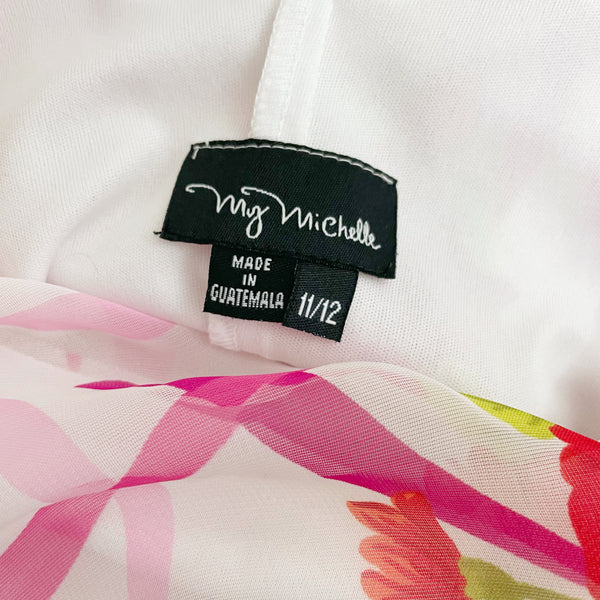 FLORAL RIBBON PRINT COWL NECK MIDI DRESS (M)