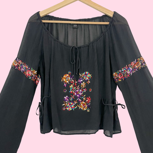 Black Embroidered Silk Blouse w/ Side Ties (M/L)