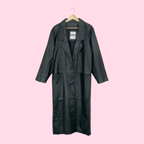 90S BLACK LEATHER DUSTER JACKET (M)