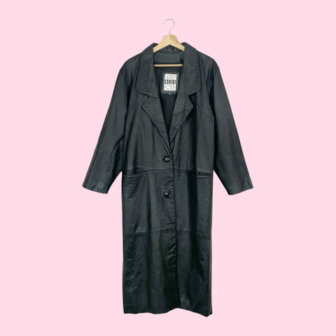 90S BLACK LEATHER DUSTER JACKET (M)