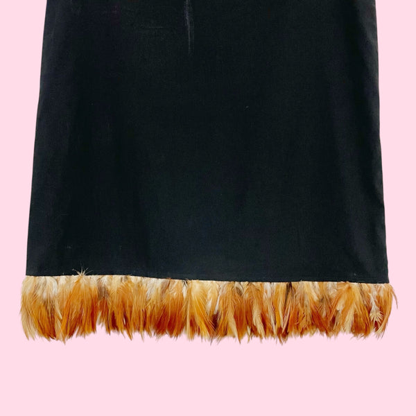BLACK FEATHER TRIM MIDI SKIRT (M/L)