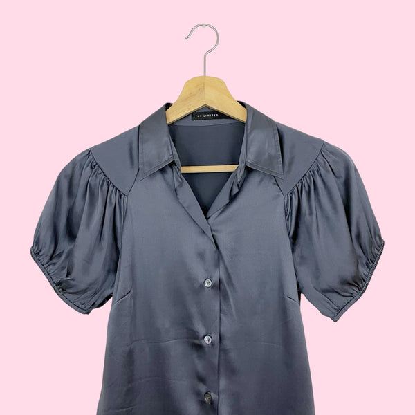 GRAY SILK PUFF SLEEVE BLOUSE (XS)