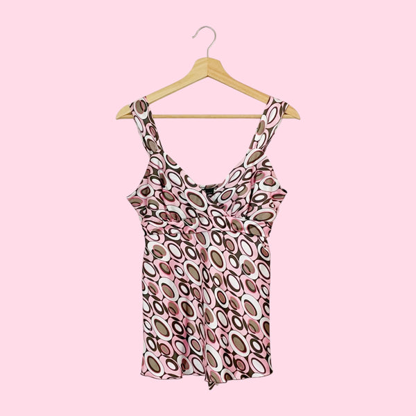 PINK + BROWN PRINTED TIE BACK TANK (M)