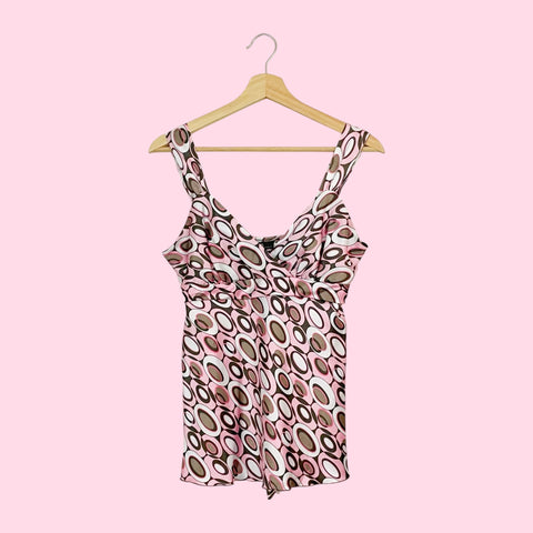 PINK + BROWN PRINTED TIE BACK TANK (M)