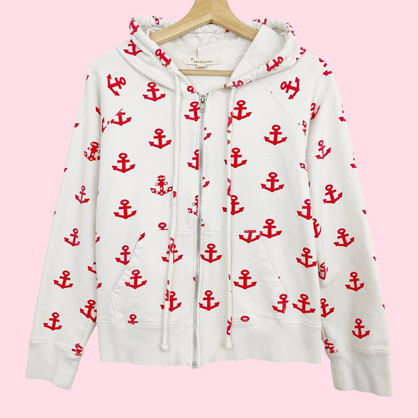 Y2K White + Red Anchor Print Hoodie (L)