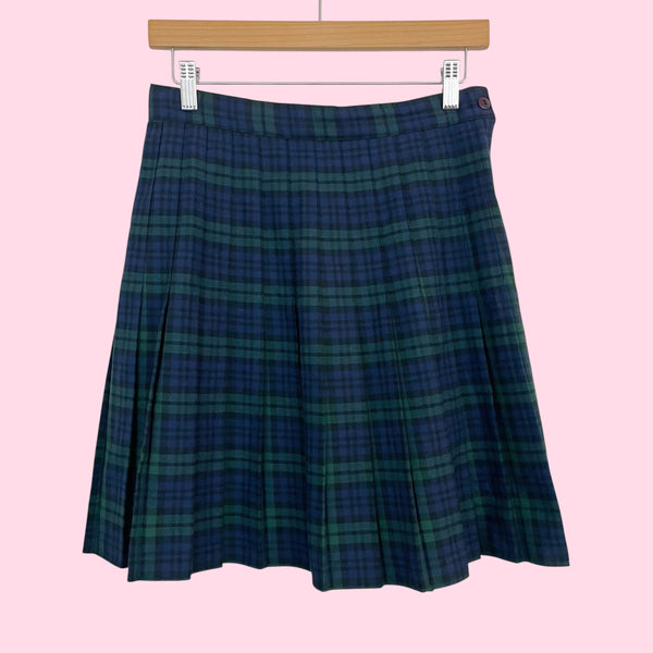 Green + Navy Plaid Pleated Knee Length Skirt (S)