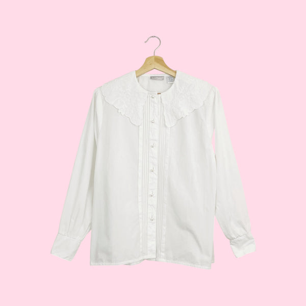 90s Cotton Blouse w/ Embroidered Collar (L)