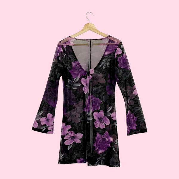 BLACK + PURPLE FLORAL MESH TIE FRONT COVER UP (M)