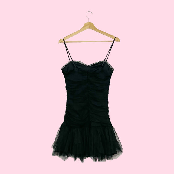 BLACK RUCHED TULLE MINI DRESS (S)
