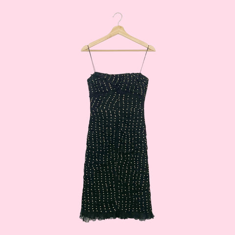 BLACK + TAN RUCHED SILK MIDI DRESS (2)