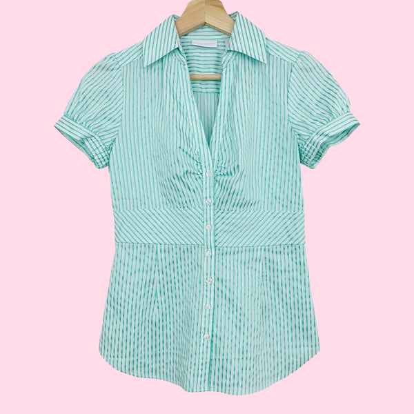 Y2K METALLIC MINT STRIPED OFFICE SIREN TOP (S)