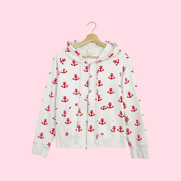 Y2K White + Red Anchor Print Hoodie (L)