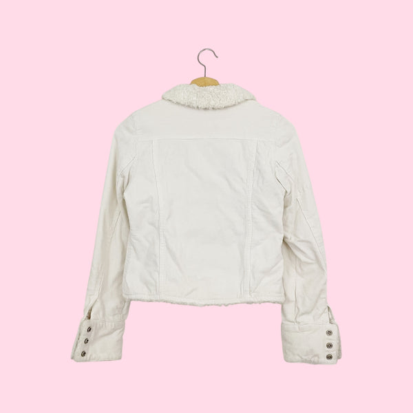 WHITE CORDUROY JACKET W/ FAUX FUR TRIM (XS/S)