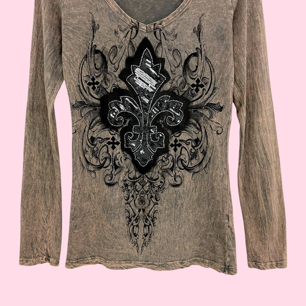 Y2K TIE DYE SEQUINS FLEUR DE LIS TEE (S)