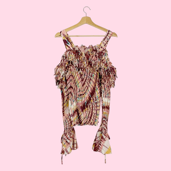 Y2K PRINTED FRINGE OFF SHOULDER BLOUSE (1X)