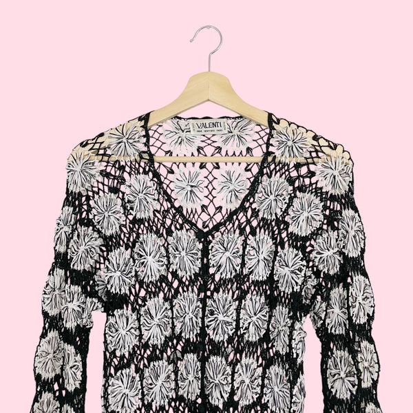 BLACK + WHITE FLORAL LOOSE KNIT CARDIGAN (M)