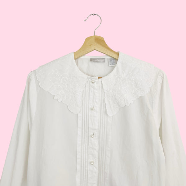 90s Cotton Blouse w/ Embroidered Collar (L)