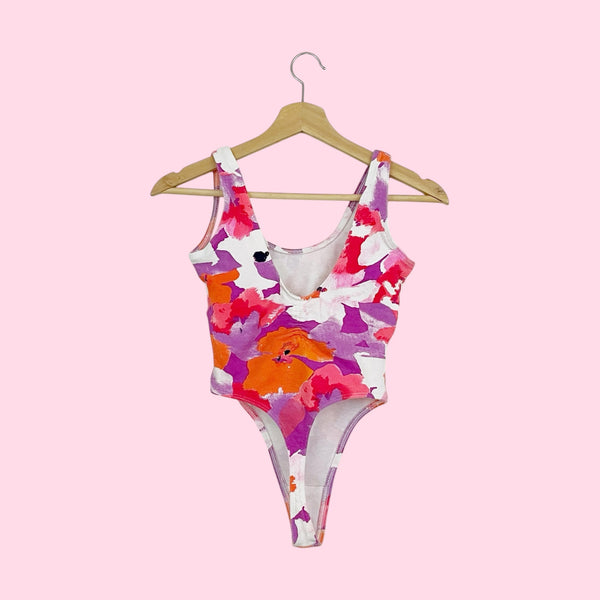 FLORAL COTTON THONG BODYSUIT (S)