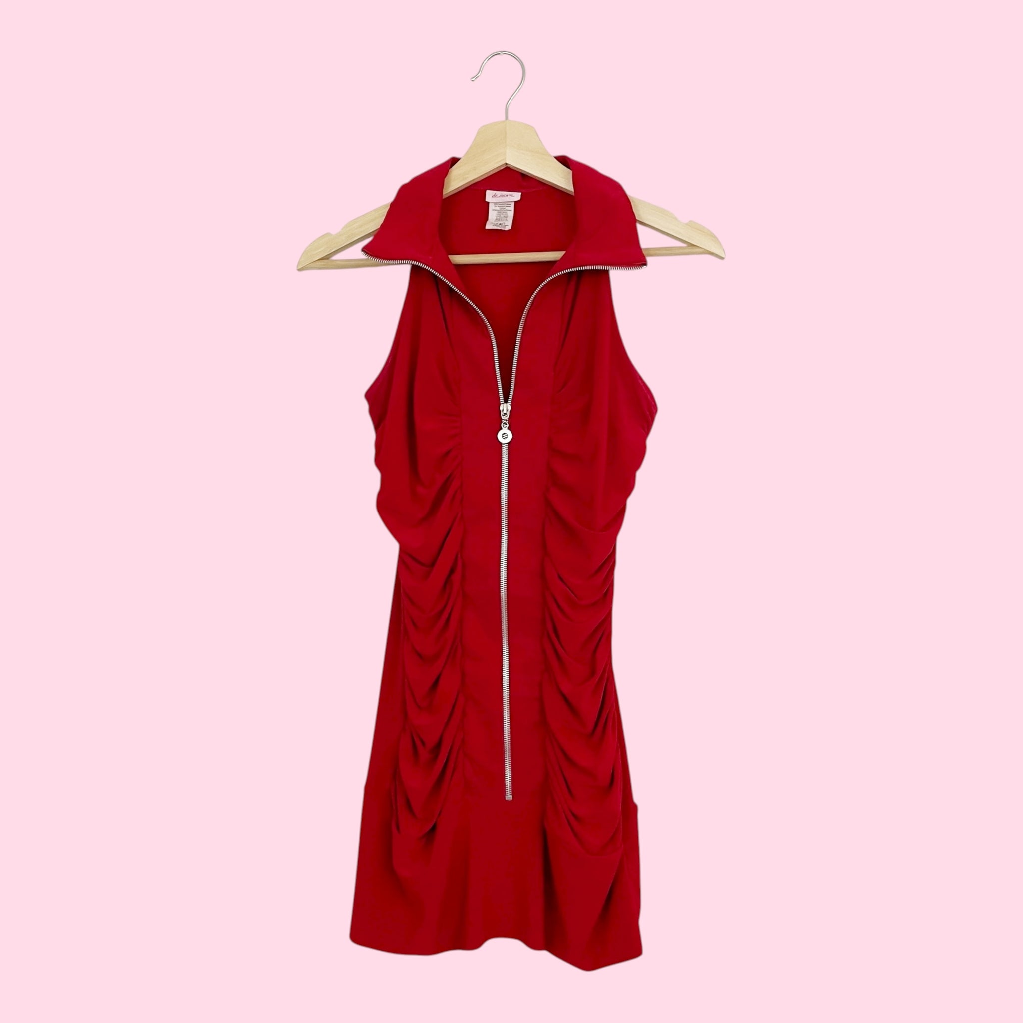 RED RUCHED ZIP UP MINI DRESS (M)