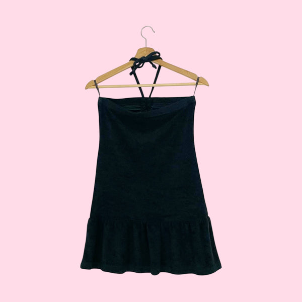 BLACK TERRY CLOTH HALTER MINI DRESS (S)