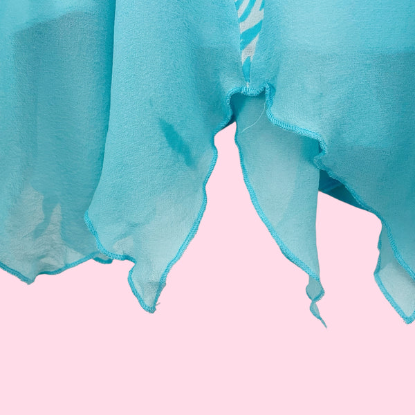 AQUA + WHITE PRINTED SILK MIDI SKIRT (S)