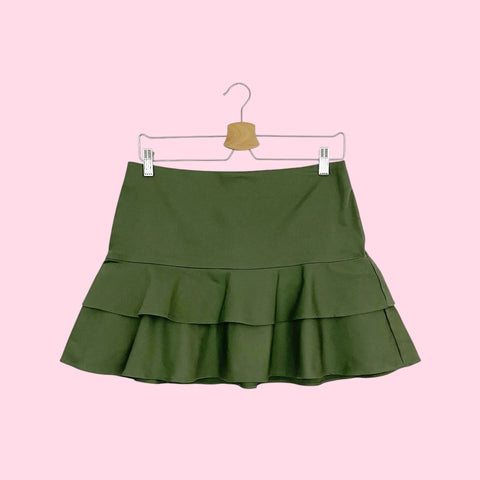 OLIVE GREEN RUFFLE MINI SKIRT (M)
