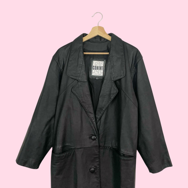 90S BLACK LEATHER DUSTER JACKET (M)