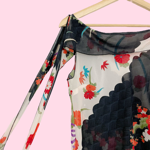 SHEER FLORAL PRINT TANK W/ OPEN TASSEL SLEEVE (S/M)