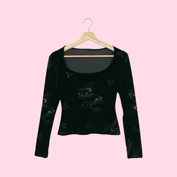 BLACK DRAGON PRINT VELVET TOP (S)