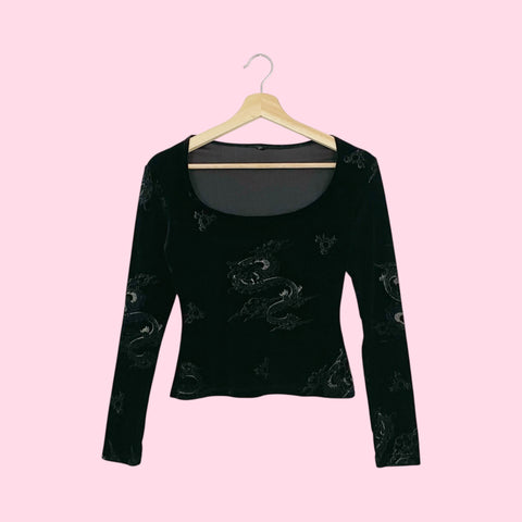 BLACK DRAGON PRINT VELVET TOP (S)