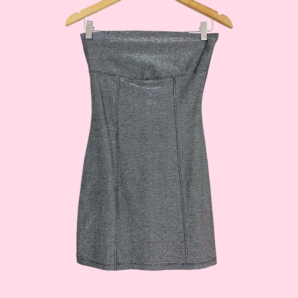 Y2K Silver Metallic Strapless Mini Dress (S)