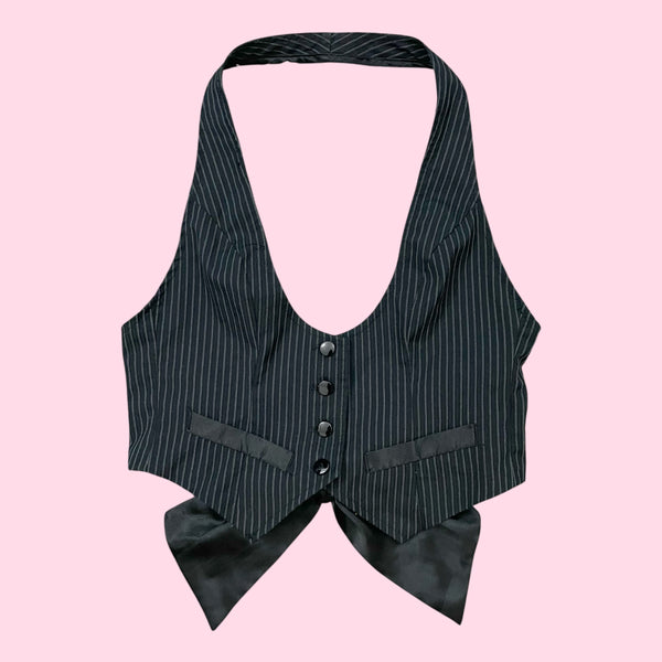PINSTRIPE CROPPED TIE BACK VEST (S)