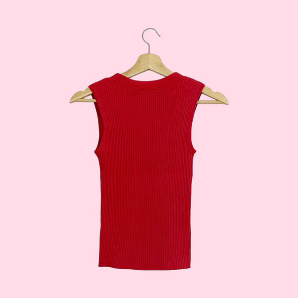 RED SILK KNIT KEYHOLE TANK (M)