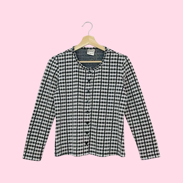 BLACK + WHITE PATTERNED KNIT CARDIGAN TOP (M)
