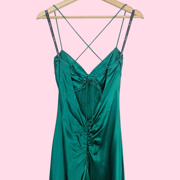 EMERALD GREEN SATIN MAXI DRESS (3/4)