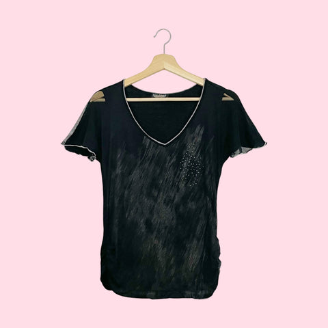 BLACK PRINTED TEE W/ MESH OVERLAY + RHINESTONES (S)