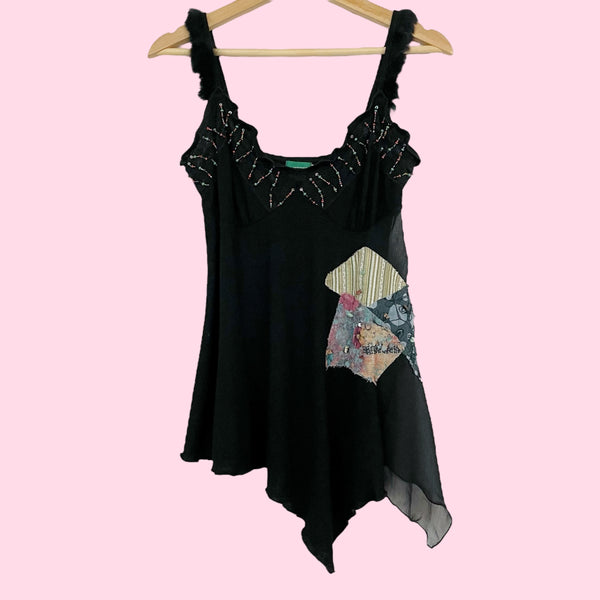 Y2K BLACK BEADED FUR TRIM TANK TOP (M)