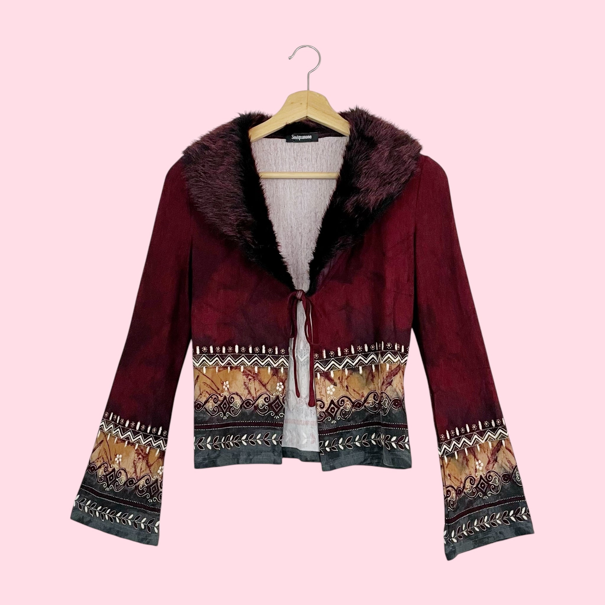 PRINTED TIE FRONT CARDIGAN W/ FAUX FUR COLLAR (S/M)