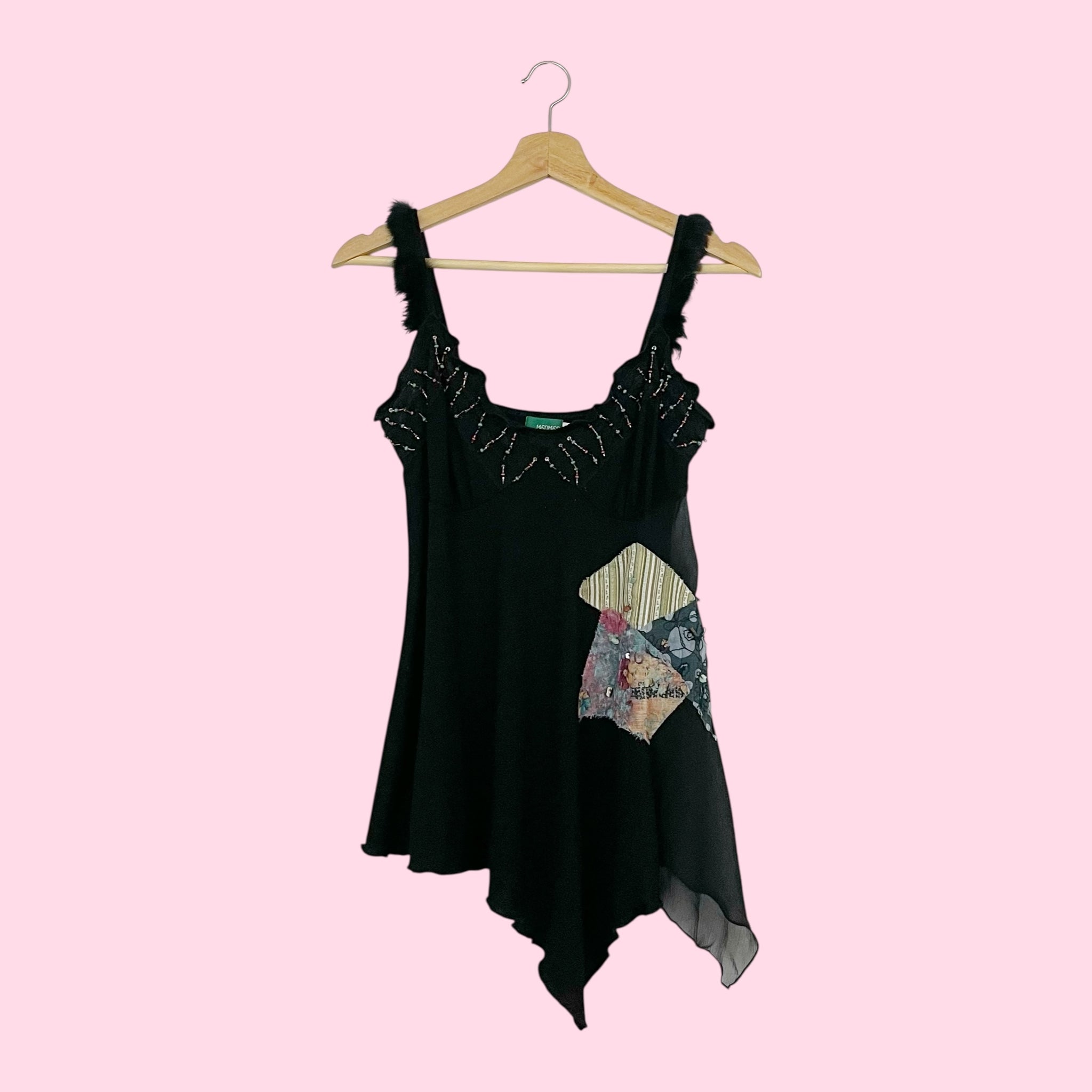 Y2K BLACK BEADED FUR TRIM TANK TOP (M)
