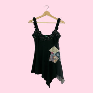 Y2K BLACK BEADED FUR TRIM TANK TOP (M)
